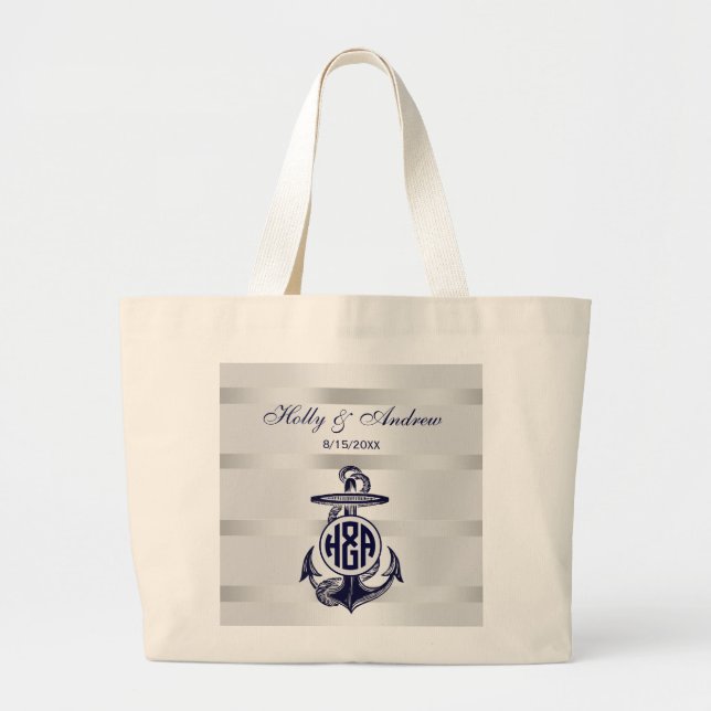 Blue Anchor Silver White Navy Circle Monogram 33 Large Tote Bag (Front)