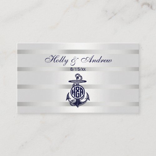 Blue Anchor Silver White Navy Circle Monogram 33 Place Card