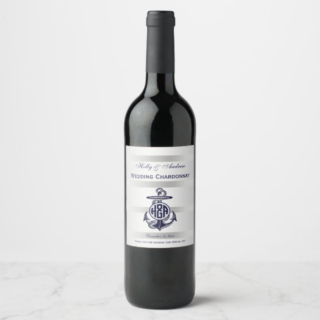 Blue Anchor Silver White Navy Circle Monogram 33 Wine Label (Front)