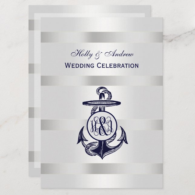 Blue Anchor Silver White Navy Vine Monogram 33 Invitation (Creator Uploaded)