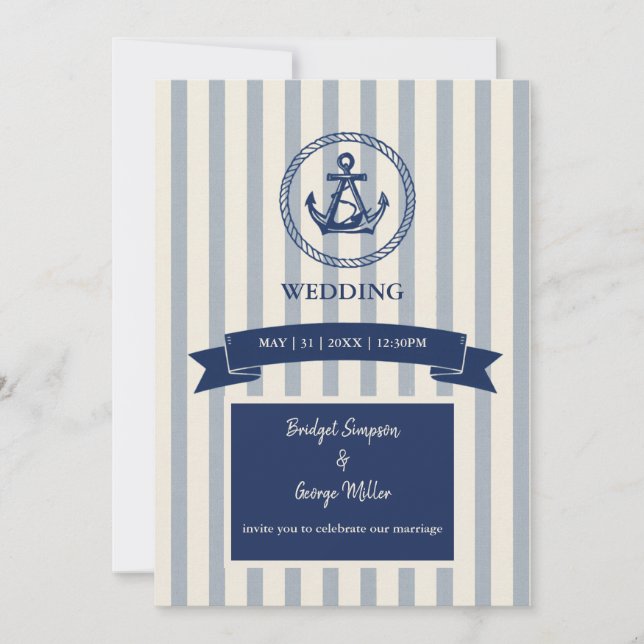 blue Anchor Stripe Maritime Destination Wedding  Invitation (Front)