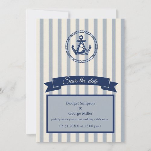 blue Anchor Stripe Maritime Destination Wedding  Invitation