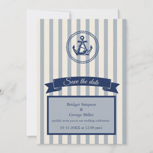 blue Anchor Stripe Maritime Destination Wedding  Invitation (Front)