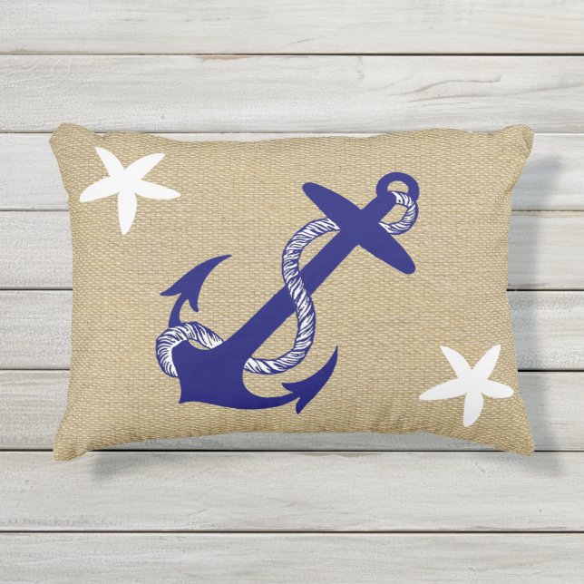 Blue Anchor & White Starfish Nautical "Burlap" Outdoor Pillow (Front)