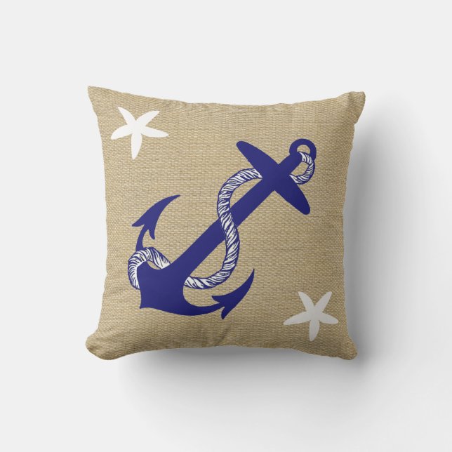 Blue Anchor & White Starfish Nautical "Burlap" Throw Pillow (Front)