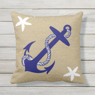 Blue Anchor & White Starfish Nautical "Burlap" Throw Pillow