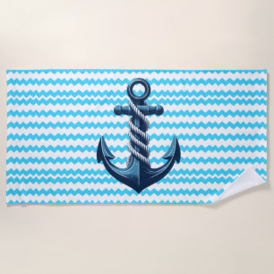 Blue anchor with blue waves beach towel
