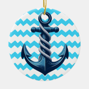 Blue anchor with blue waves ceramic ornament