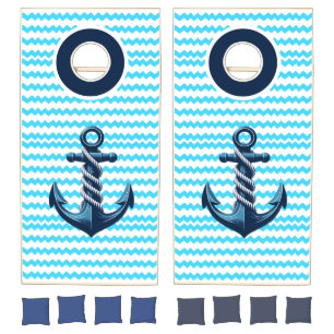 Blue anchor with blue waves cornhole set