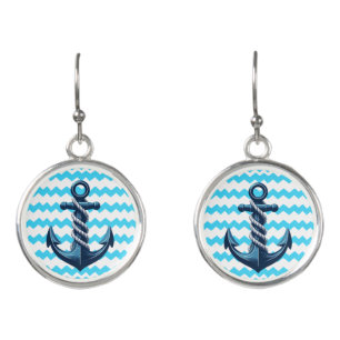 Blue anchor with blue waves earrings