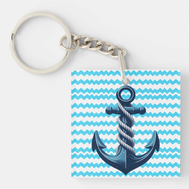 Blue anchor with blue waves keychain (Front)