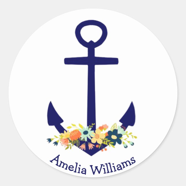blue anchor with floral bouquet classic round sticker (Front)