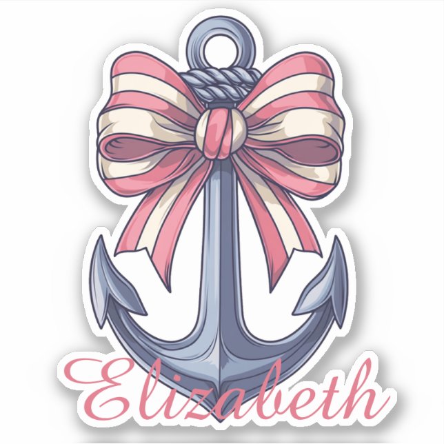 Blue Anchor With Red and White Stripe Bow Monogram Sticker (Front)