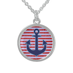 blue anchor with stripes sterling silver necklace