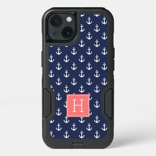 Blue Anchors and Coral Monogram Otterbox iPhone Case (Back)