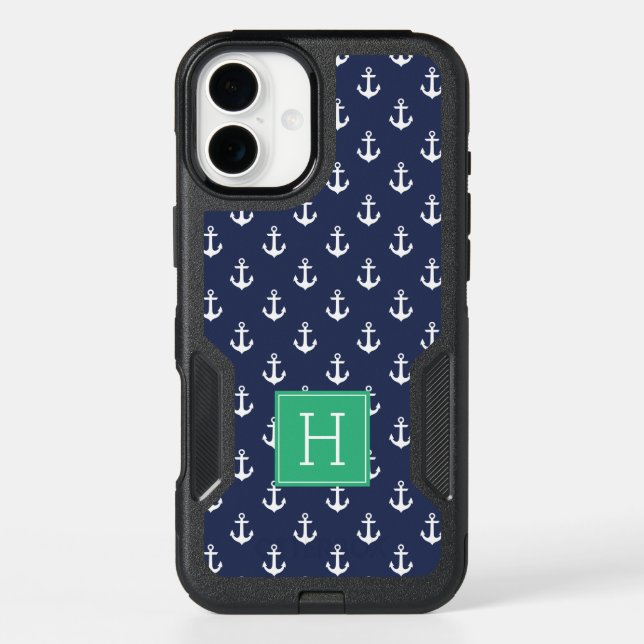 Blue Anchors and Green Monogram Otterbox iPhone Case (Back)