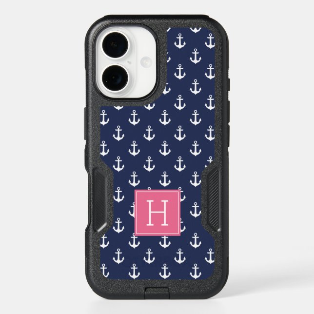 Blue Anchors and Pink Monogram Otterbox iPhone Case (Back)