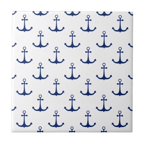 Blue Anchors on White Background Nautical Theme  Ceramic Tile