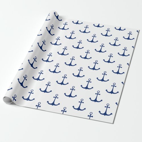 Blue Anchors on White Background Nautical Theme  Wrapping Paper