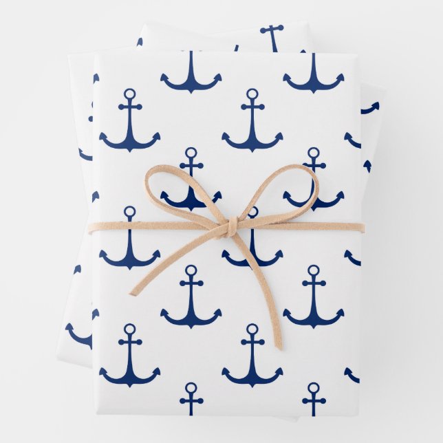 Blue Anchors on White Background Nautical Theme  Wrapping Paper Sheets (In situ)
