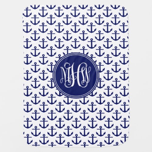 Blue Anchors White Blue 3 Initial Monogram DIY BG Baby Blanket