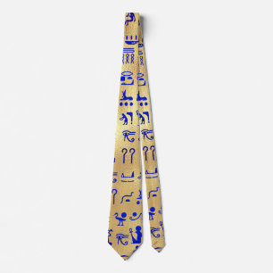 Blue Ancient Egyptian Hieroglyphics Art on Gold Neck Tie