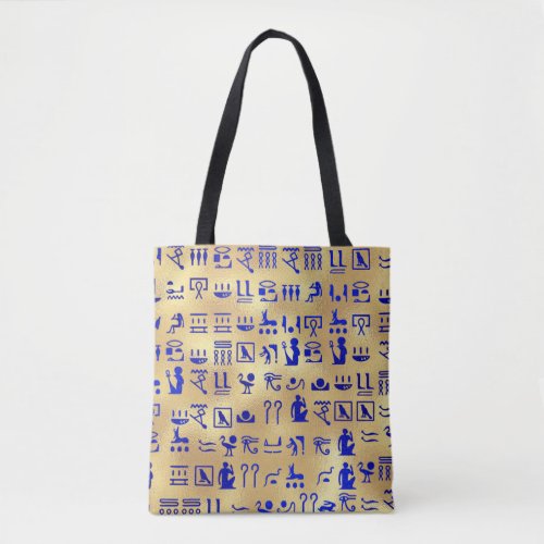 Blue Ancient Egyptian Hieroglyphics Art on Gold Tote Bag