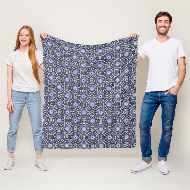 Blue ancient Islamic mandala pattern Fleece Blanket (In Situ)