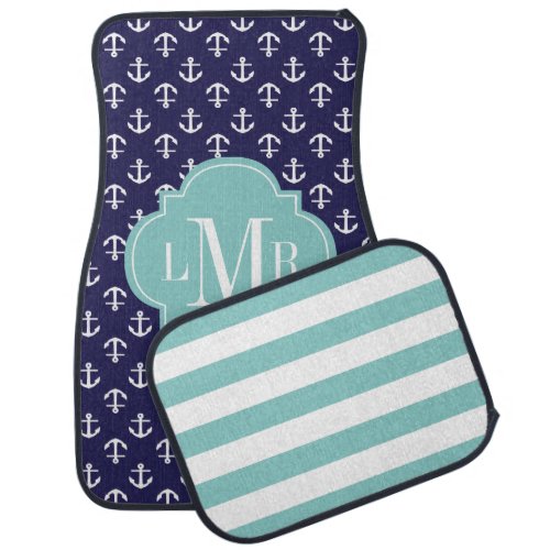 Blue and Aqua Anchors Pattern and Monogram Car Floor Mat