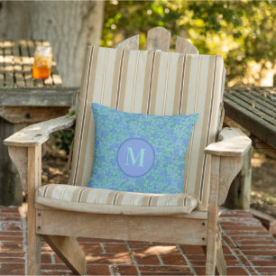 Blue and Aqua Floral Summer Monogram Deck Decor Outdoor Pillow