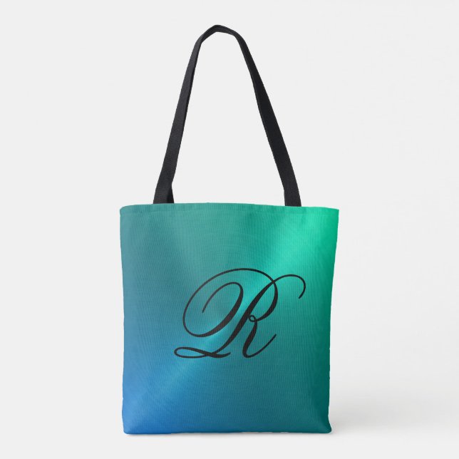 Blue and Aqua Ombre Design with Monogram Tote Bag (Back)
