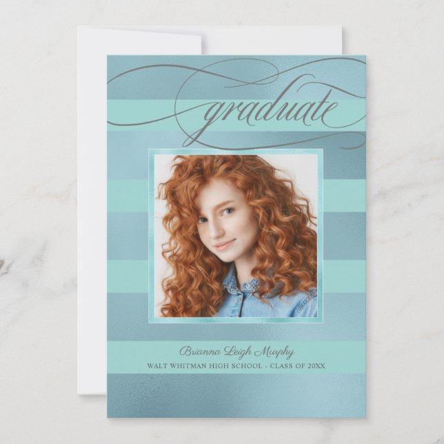 Blue and Aqua Stripes with Photo Graduate Announcement (Front)