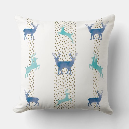 Blue and Aqua Watercolor Reindeer and Gold Droplet Throw Pillow