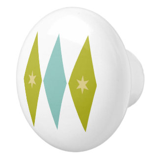 Blue and Avocado Green Diamonds Stars Mid Mod Ceramic Knob