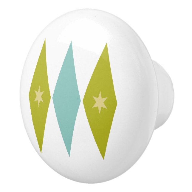 Blue and Avocado Green Diamonds Stars Mid Mod Ceramic Knob (Right)