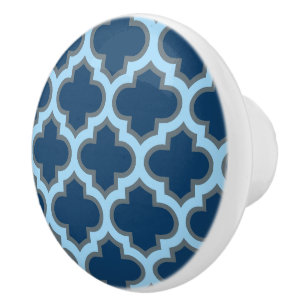 Blue and Baby Blue Trellis, Lattice, Quatrefoil Ceramic Knob
