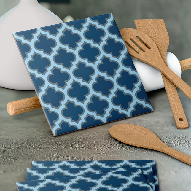 Blue and Baby Blue Trellis, Lattice, Quatrefoil Ceramic Tile (Creator Uploaded)