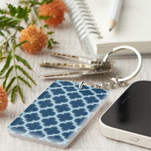 Blue and Baby Blue Trellis, Lattice, Quatrefoil Keychain