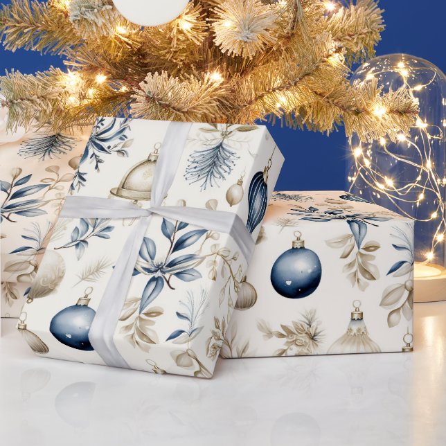 Blue and Beige Christmas Ornaments  Wrapping Paper (Holidays)
