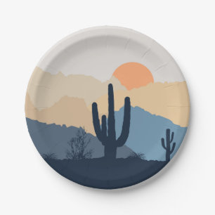 Blue and beige desert sunrise paper plates