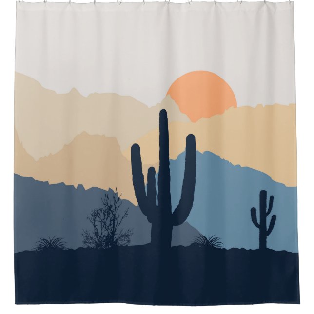Blue and beige desert sunrise shower curtain (Front)