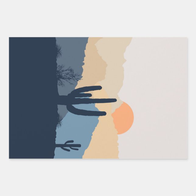 Blue and beige desert sunrise wrapping paper sheets (Front)