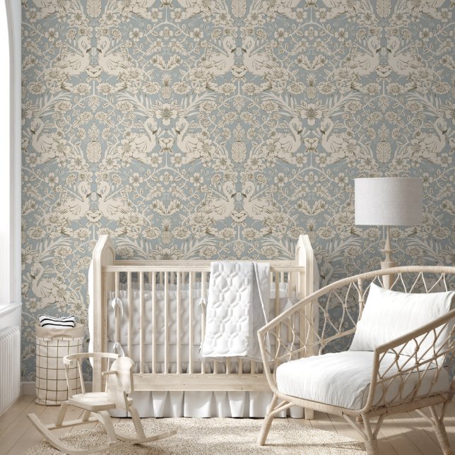 Blue and Beige Flamingo Floral Damask Wallpaper Wallpaper (Kids)