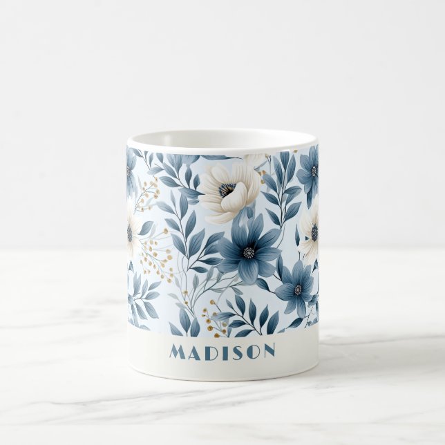 Blue and Beige Flowers Coffee Mug (Center)