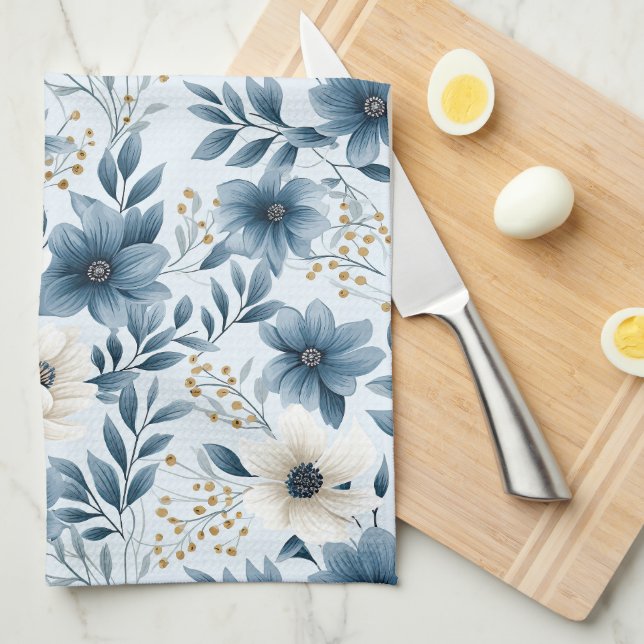 Blue and Beige Flowers Kitchen Towel (Quarter Fold)
