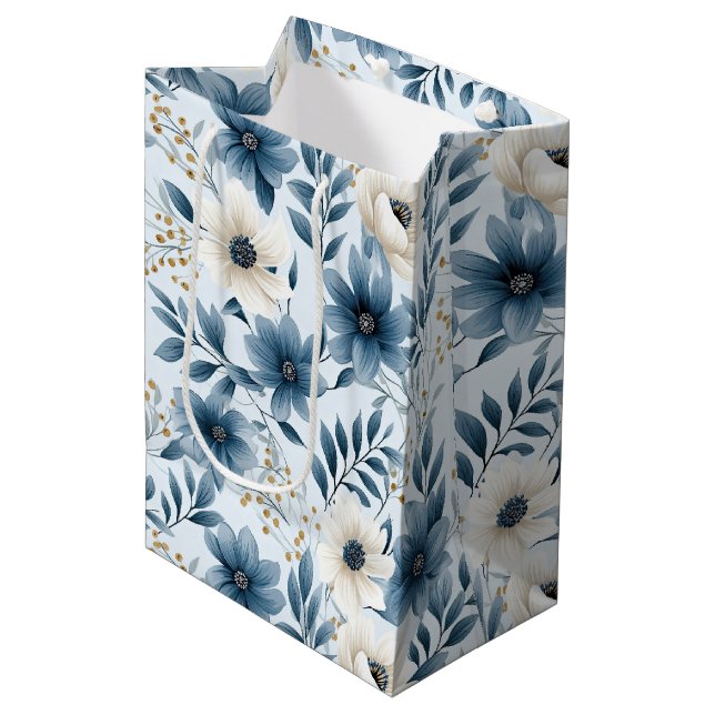 Blue and Beige Flowers Medium Gift Bag (Front Angled)