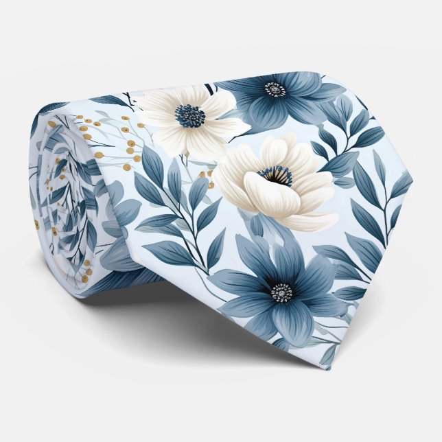 Blue and Beige Flowers Neck Tie (Rolled)
