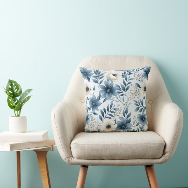 Blue and Beige Flowers Throw Pillow (Chair)