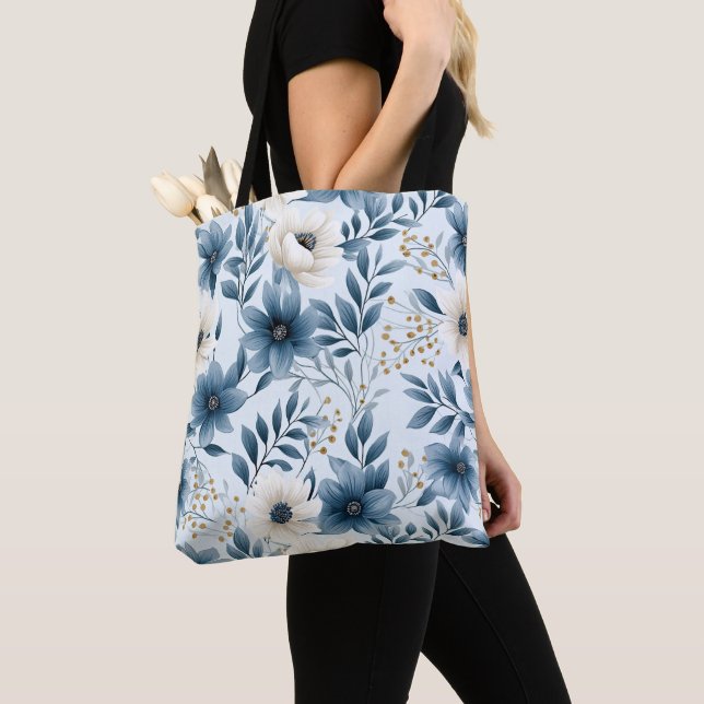 Blue and Beige Flowers Tote Bag (Close Up)
