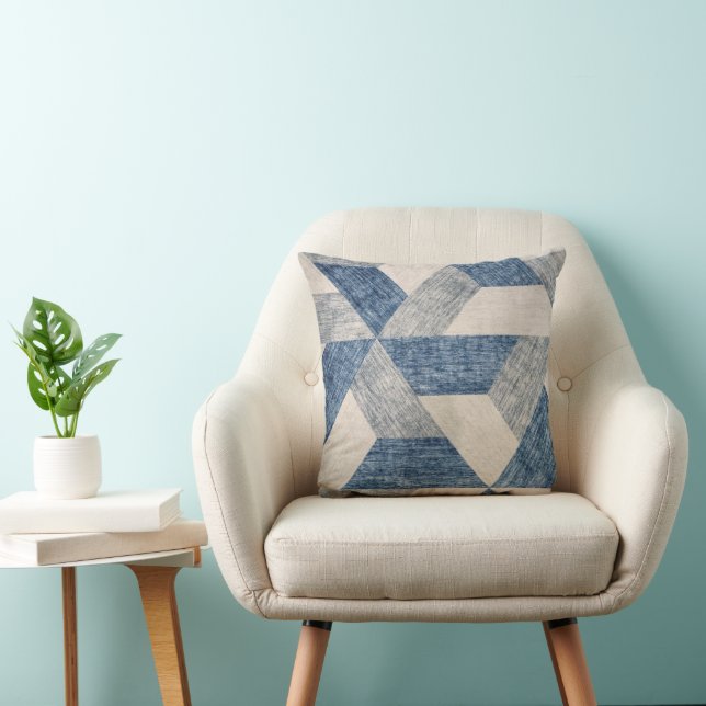 Blue and Beige Geometric Pattern Throw Pillow (Chair)